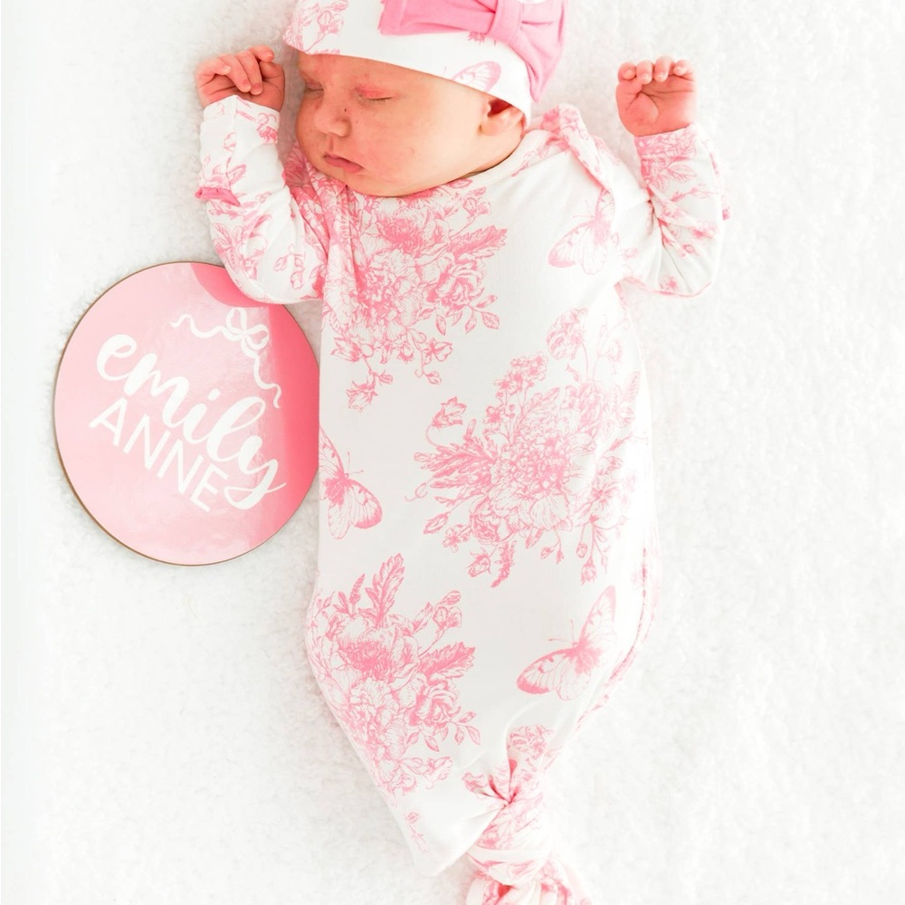Rufflebutts Baby Girl Bamboo Butterfly Toile Floral Knot Gown Newborn-3 months